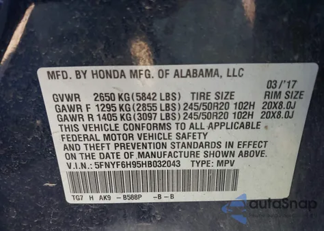 2017 Honda Pilot Touring from USA, damaged, VIN 5FNYF6H95HB032043
